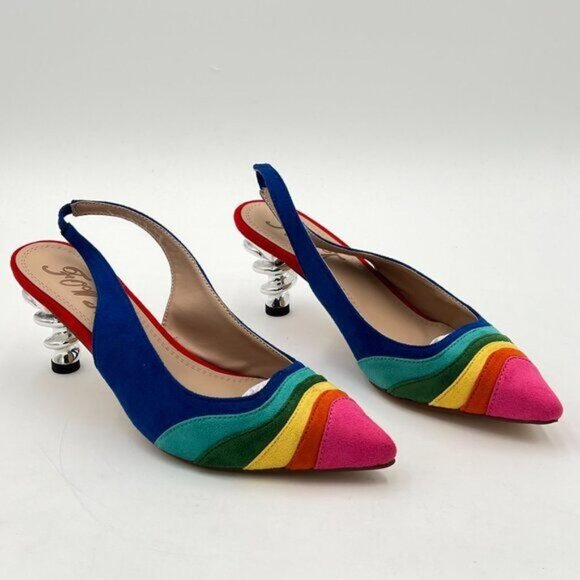 FOWT Women Rainbow Color Stripes Strange Spiral High Heel Slingback Pumps - Picture 4 of 8